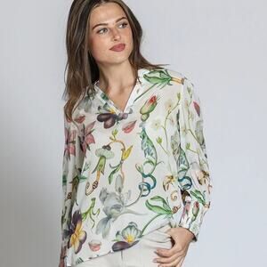 APNY Floral Queen Bee Top Womens XXL White Multicolor Smocked Cuff Blouse
